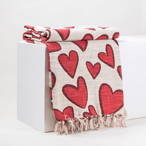 Image of Handmade Cotton Heart Print Hand Block Sofa Throw Blanket for Couch and Car 50x70 Inches - Best for Gifting Propose (Multi-Color 09)