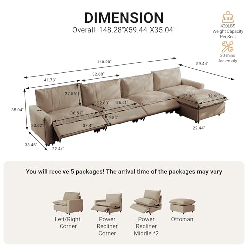 Image of 148.82 inch Power Reclining Sofa with Wireless Charging & Heated Seats,Smart Recliner Sectional Couch,Zero Gravity Recliner Sofa,Deep Seat Cloud Couch for Living Room Home Theater,Khaki,5 Seats