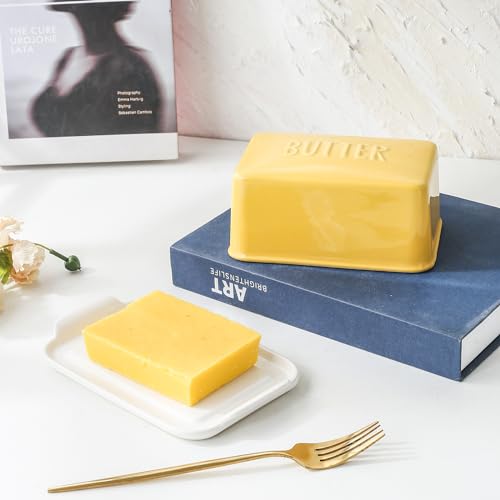 Porcelain Covered Butter Dish with Lid for Countertop Butter Holder Container for One Stick of Butter. Textured Tray Butter Keeper for Non Slip Storage-Yellow - Image 3