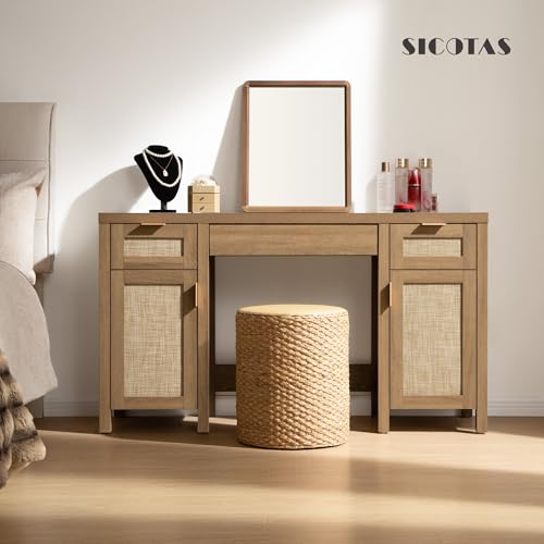 Image of SICOTAS Rattan Vanity Home Office Desk 52 inch Vanity Table with 3 Drawers | Farmhouse Boho Makeup Vanity Dressing Table with Large Storage, Vanities Desk for Makeup Room, Bedroom, Office