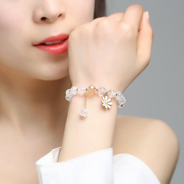 Image of El Regalo 1 PC Dailsy Flower Sparkly Crystal Beads Tassel Bracelet for Girls /Teens /Women- Cute Crackle Beads Daisy Flower Stretch Bracelet