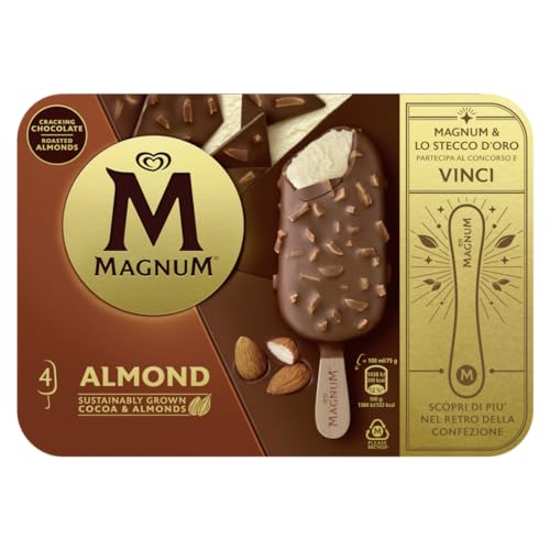 Algida Magnum Gelato Mandorle, Cioccolato Magnum con Pezzetti di Mandorle e Gelato alla Vaniglia, Cacao e Aroma Naturale di Vaniglia da Coltivazioni, 4 pz x 110 ml (Surgelato)