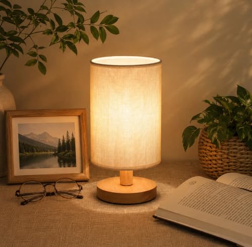 Image of XERGY USB Powered Wooden Base Table Lamp with Linen Fabric Shade | Modern Bedside Night Lamp | Warm White Soft Ambient Lighting | Compact Light for Bedroom, Living Room, Home Decor & Gifting