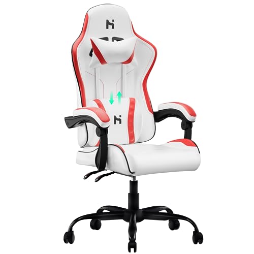 HLFURNIEU Sedia da Gaming,Poltrona Gaming Ergonomica con Schienale Regolabile,Poggiatesta e Supporto Lombare,Gamer Professionale,Ufficio Girevole ad Altezza Regolabile,Bianco e Rosso,65 x 65 x 125 cm