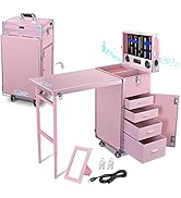 BYOOTIQUE Foldable Rolling Manicure Table Nail Desk Makeup Train Case Cosmetic Trolley Travel Sto...