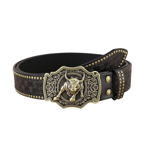 RARITYUS Longhorn Bull Western Leather Cowboy Belts for Men Women Engraved Buckle Belt Punk Rivet Country Waist Belts