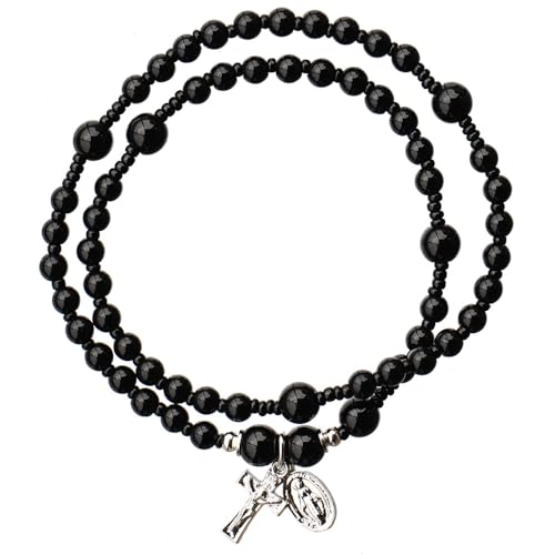 Sine Cera Black Onyx Twisting 5 Decade Catholic Rosary Bracelet with Lusterous Pewter Crucifix and Miraculous Medal, Durable Stretch Design, 4mm Smooth Stone Beads