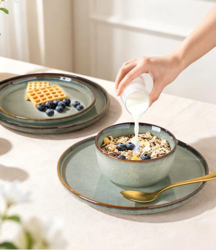 Image of GBHOME Dinnerware Sets for 6, 18 Pieces Stoneware Plates and Bowls Sets, Scratch Resistant Dishes, Dishwasher & Microwave Safe, Reactive Glaze
