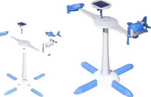Disassembled and assembled views of the Solar Windmill model, showing a central stand with rotating blades and a small plane attached.