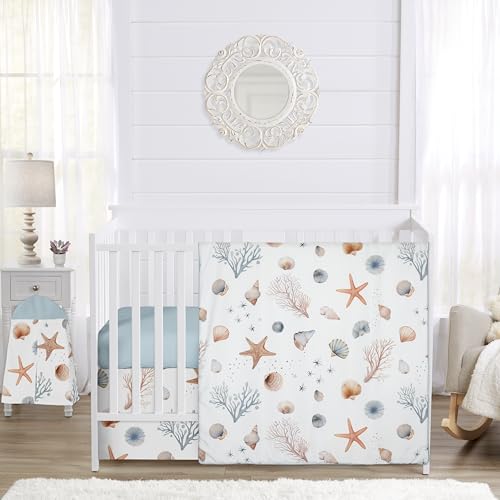 Image of Sweet Jojo Designs 4-Piece Baby Crib Bedding Set (Ocean Seashells) for Boys or Girls, Infants/Nursery incl. Blanket, Fitted Sheet, Skirt, Diaper Stacker (Nautical, Beach Theme, Watercolor, Coastal)