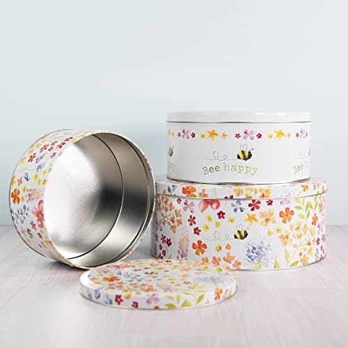 Prodbuy Set of 3 Colourful Bee Floral Design Cake Storage Tins Biscuit Cookie Barrel Containers Carriers