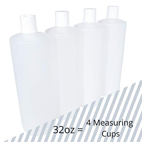 32oz 28/410 HDPE Plastic Cylinder Squeeze Bottles with Dispensing White Press Disc Top Caps, for Shampoo, Conditioner, Lotion, Any Liquid Products, Multi-Use Refillable Bottles (Pack of 4)3