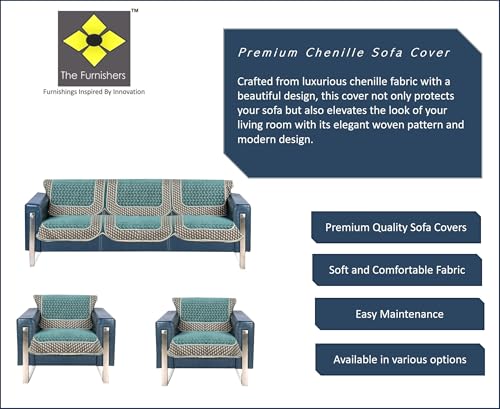 Image of Premium Teal Chenille Woven Anti-Slip 5 Seater Sofa Cover | L-Shape Sofa Seat Protector for Living Room | Durable & Stylish Slipcover - Turquoise - 3D