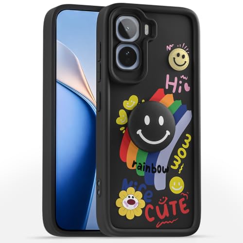 Image of Pikkme Back Cover for Vivo T5 Pro 5G | Soft Silicone| Cute Rainbow Smile & 3D Cartoon Flower Design | Shockproof Raised Camera Protection Bumper Case (Black)