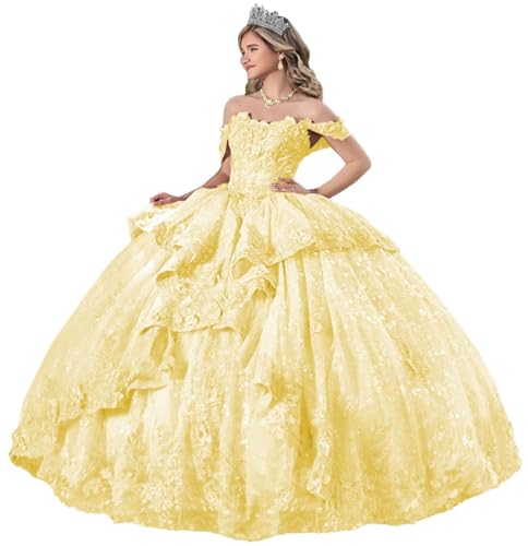 XYAYE Off Shoulder Quinceanera Dresses with Bow Puffy Tulle Sweet 15 16 Dresses with Train Gorgeous Lace Beaded Ball Gown