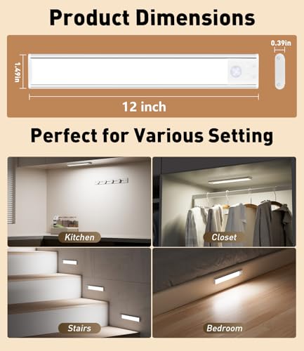 Image of 80-LED Under Cabinet Lighting, 12inch Rechargeable Motion Sensor Light Indoor, Magnetic Dimmable Closet Lights, Wireless Under Counter Lights for Kitchen, Stairs,Hallway 4 Pack