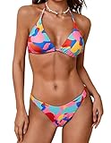 ZAFUL Women's Colorblock String Bikini Swimwear High Cut Thong Bathing Suit Triangle Bra Bikini Sets