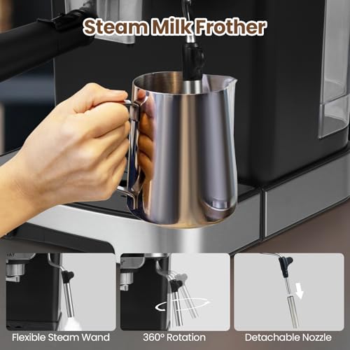 COSTWAY 20 Bar Espresso Coffee Machine, 1200W Compact Coffee Maker with Milk Frother, Touch Screen & 1.8 L Removable Water Tank, Stainless Steel Espresso Maker for Cappuccino, Latte, Ground Coffee - Image 4