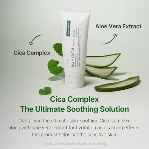 AVCA EGF Cica Repair Cream 100 mL (3.38 fl oz) – Fragrance-Free Moisturizer for Sensitive Skin with Centella & Aloe, Fast-Absorbing, Dermatologist-Tested, K-Beauty