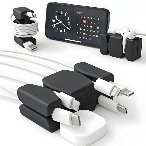 Image of CordBrick Silicone & Steel Weighted Cord Holder for Nightstand. Travel Phone Charger Organizer. Useful iPhone Accessory. Small Gift for Guys, College Students. Tech Gadget for Teens, Men. Black