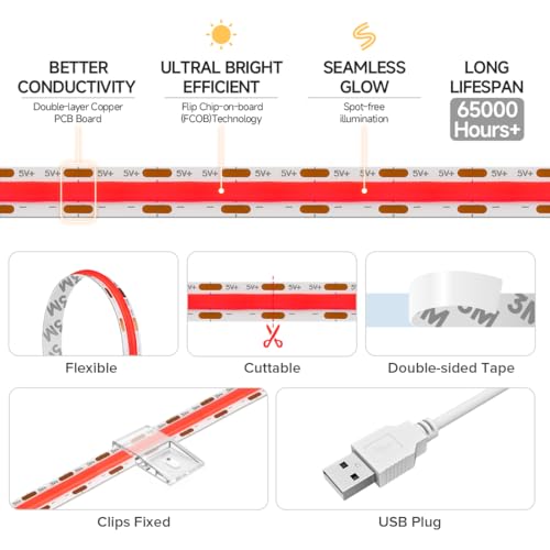 Tira LED USB 3.28FT Roja COB 320 LEDs 5V 8mm Ancho miniatura 4