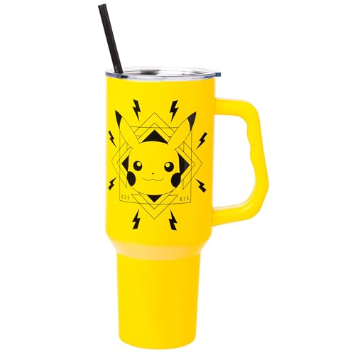 Image of Silver Buffalo Pokemon Lightning Double Walled Stainless Steel Tumbler with Handle Featuring Pikachu, Fits in Standard Cup Holder, 40 Ounces