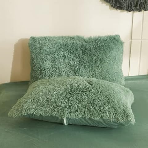 Green Fluffy Pillow, Decorative Faux Fur Plush Green Pillow Covers, Green Fuzzy Pillow Covers Fluffy Pillows for Bedroom, Fluffy Green Pillow Cases Zipper Closure, Set of 2(20 x 26 Inches, Green) Cover