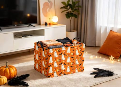 Image of Halloween Basket Cute Baskets for Kids Pumpkin Basket Rectangular Storage Bin Organizer Box Room Decor(Yellow Pumpkin Ghost)