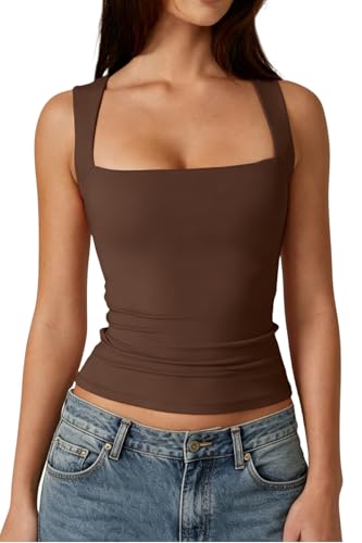 QINSEN Womens Tank Top Sleeveless Square Neck Casual Basic Fitted T- Shirts Brown M