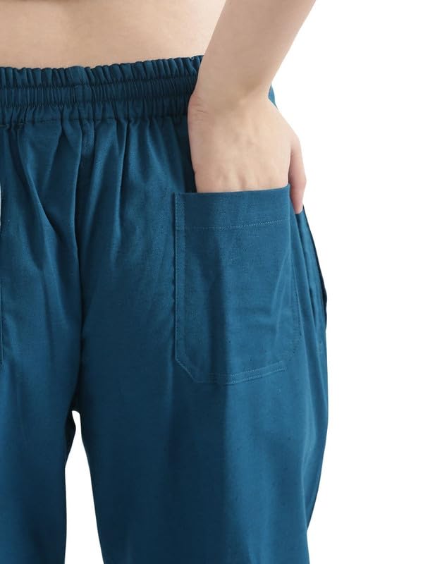 Image of SAADAA Women's Airy Linen Straight Pants | Regular Fit Trousers | Half Elasticated with Drawstrings & Buttons | 4 Pockets | Everyday & Office Wear