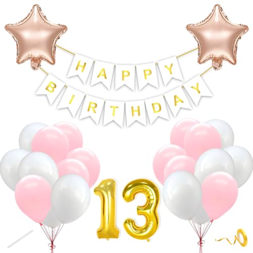 Image of Flyloons 13th Happy Birthday Decoration Kit Pink White for Boys Girls Kids Twins Men Women With 20 Pcs Pastel Balloons Birthday Banner 2 Pcs Star Items Set
