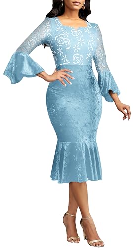 Image of Midi Lace Dress for Women Bodycon Dress Church Cocktail Party Clothes | Square Neck,Lace Bell Sleeve,Velvet Look,Mermaid Hem,Midi Dresses,Cocktail Party,Wedding Guest Party,Formal Event Outftis