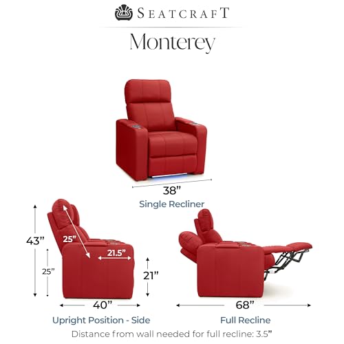 Image of Seatcraft Monterey Home Theater Seating Red Single Recliner | Italian Leather, Wall Hugger, Zero Gravity, Powered Headrest, Power Recline, Zero Gap, USB charging