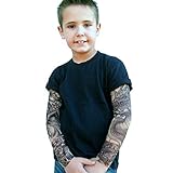 Wild Rose 720 Big Boys' Tattoo Shirt Cotton Tee with Mesh Sleeves, Black (14/16, Grim Reaper/Frankenstein)