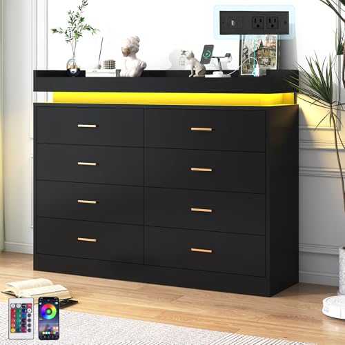 Image of jiteentarou 8 Drawer Dresser with Charging Station and LED Lights, Modern Chest of Drawers with Power Outlet, Organizer Cabinet for Bedroom, Living Room, Black