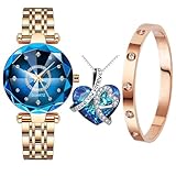 Afcrho Orologi da donna in acciaio inossidabile di lusso diamante vestito business cristallo blu con cuore ciondolo braccialetto