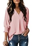 Dokotoo Cute Boho Tops for Women Blouses Dressy Casual 3/4 Sleeve Spring Fall Summer Tops for Women 2025 Business Work Blouses Office Shirts Ladies Elegant Women's Clothing Trendy Outfits Pink L
