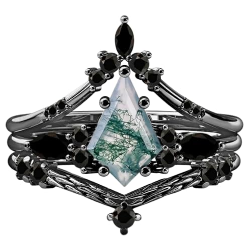 Natural Moss Agate Rings for Women Kite Cut Sterling Silver Moss Agate Ring for Women Wife, Optional 4 Colors (Rose/Yellow/White/Black), Ring Size 4-11