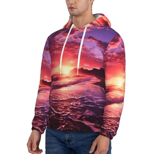 Men's Fleece Pullover Hoodie Long Sleeve Hooded Beach Sunset Sweatshirt Casual Shirts With Pockets 4X-Large Black3