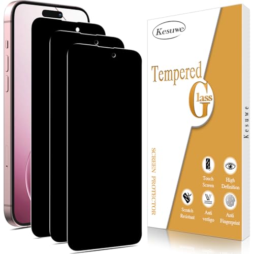 Kesuwe [3 Pack Privacy Screen Protector for iPhone 15 iPhone 15 Pro Tempered Glass Anti Spy Anti Scratch HD Clear Case Friendly Easy Installation Bubble Free