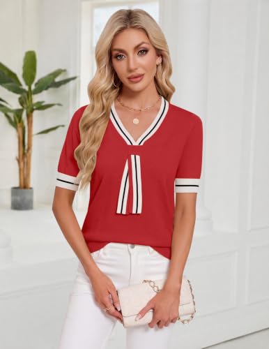 Image of Womens Knit Top Short Sleeve Sweater Work Summer Tops Cute Business Blouse | Lightweight Cute Bow Tie Sweater 2026 Chic V Neck Business Casual Outfits Tops