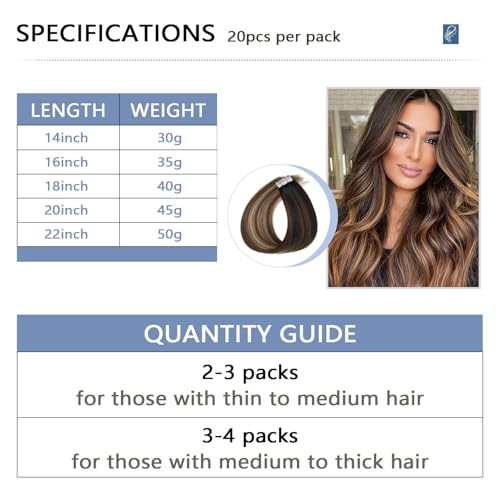 Image of COOKAYU Invisi Edge Tape in Hair Extensions Real Human Hair Seamless Injected Tape Ins 18Inch 20pcs 40g Natural Black to Medium Brown and Caramel blonde Extensions