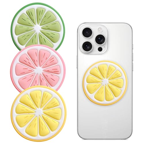 Soporte Plegable para teléfono con Forma de rodaja de limón, 3 Piezas, Base Extensible de PVC Suave, Agarre retráctil para Smartphones y tabletas, Accesorio Manos Libres (Rosa, Amarillo, Verde).