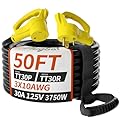 PlugSaf 50 FT 30 Amp RV Extension Cord Outdoor with Grip Handle, Flexible Heavy Duty 10/3 Gauge STW RV Power Cord Waterproof with Cord Organizer, NEMA TT-30P to TT-30R, Black-Yellow, ETL Listed