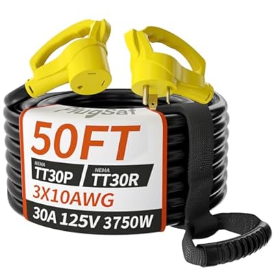 PlugSaf 50 FT 30 Amp RV Extension Cord Outdoor with Grip Handle, Flexible Heavy Duty 10/3 Gauge STW RV Power Cord Waterproof with Cord Organizer, NEMA TT-30P to TT-30R, Black-Yellow, ETL Listed