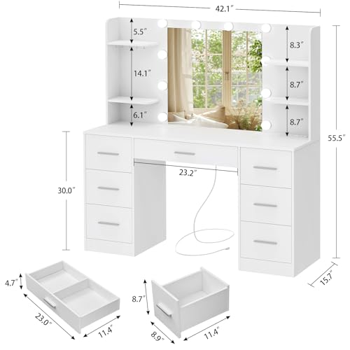 Quimoo Large Vanity Desk with LED Lighted Mirror & Power Outlet,Makeup Vanity Table with 7 Drawers,4 Shelves and 5 Hooks,Vanity Table, Vanity Desk Set for Bedroom,Bathroom,White