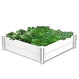 kdgarden Raised Garden Bed Kit 4'x4' Outdoor Above Ground Planter Box for Growing Vegetables Flowers Herbs, DIY Gardening, Whelping Pen and More, Screwless White Vinyl Garden Bed with Grid