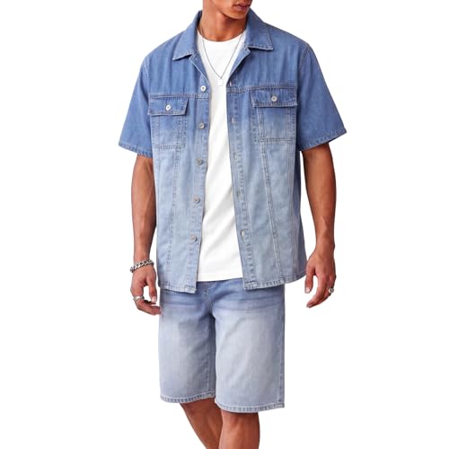 Heyfanee Mens Denim Matching Shorts and Shirts 2 Piece Set Summer Breathable Outfits with Pockets Gradient Blue XX-Large