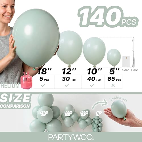 Image of PartyWoo Dusty Green Balloons 140pcs Different Sizes Pack of 18 12 10 5 Inch Sage Olive Eucalyptus Green Boho Neutral Balloon Arch Kit for Jungle Dinosaur Theme Birthday Party Decorations Green-F35