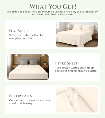 Image of ROYALE LINENS 100% Organic Cotton King Sheet Set - 16 inch Deep Pocket Bed Sheets - Eco Friendly Cream Bed Sheets - Sabanas King - 1 Flat, 1 Fitted & 2 Pillowcases - Cream Sheet Set - Cotton Bedding Sets